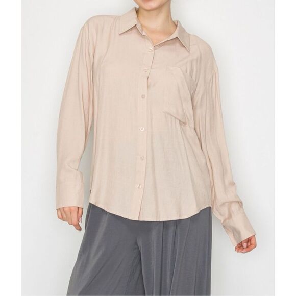 beige linen button up shirt long sleeve - Picture 1 of 10